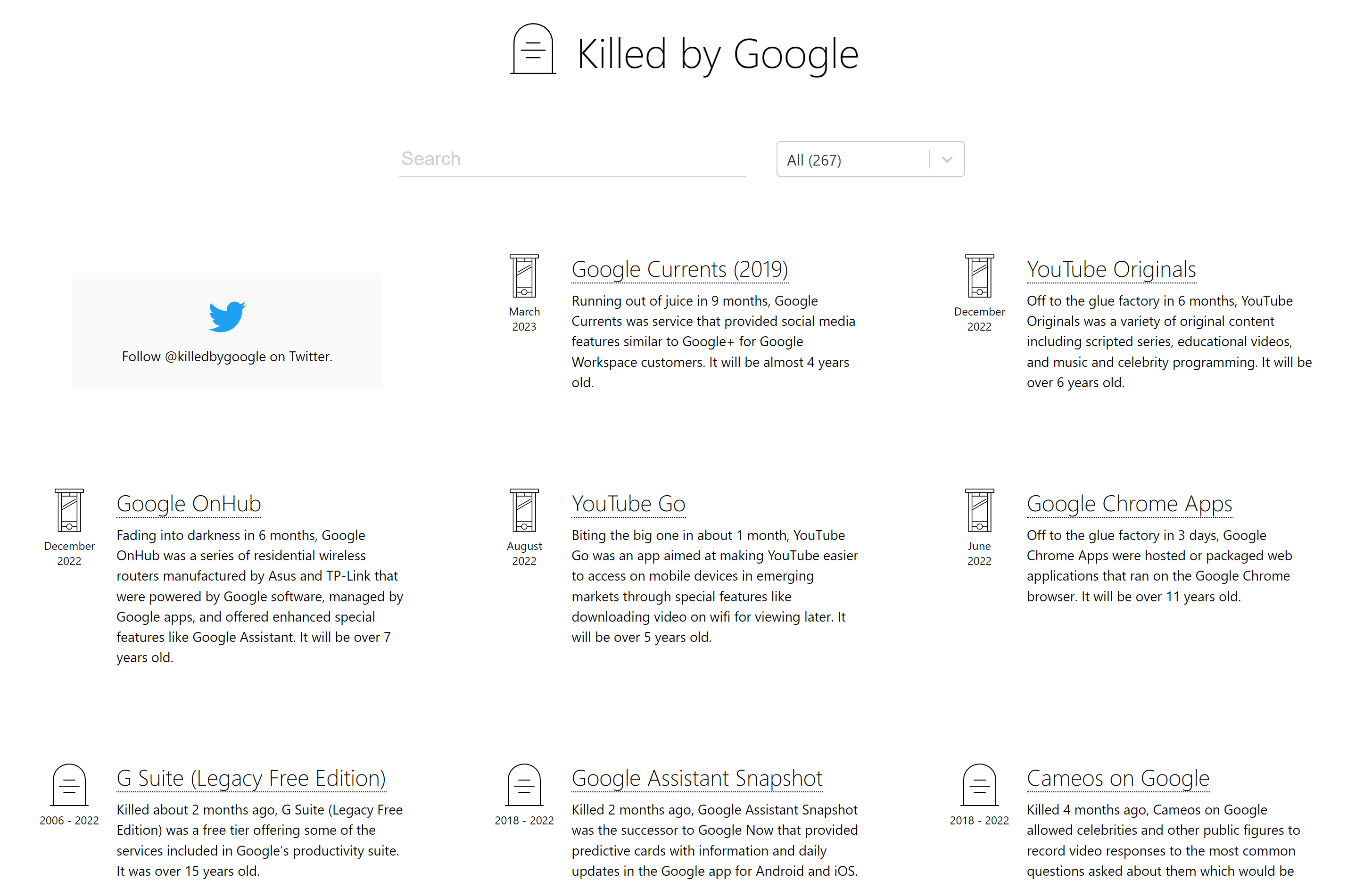 Screenshot of killedbygoogle.com website