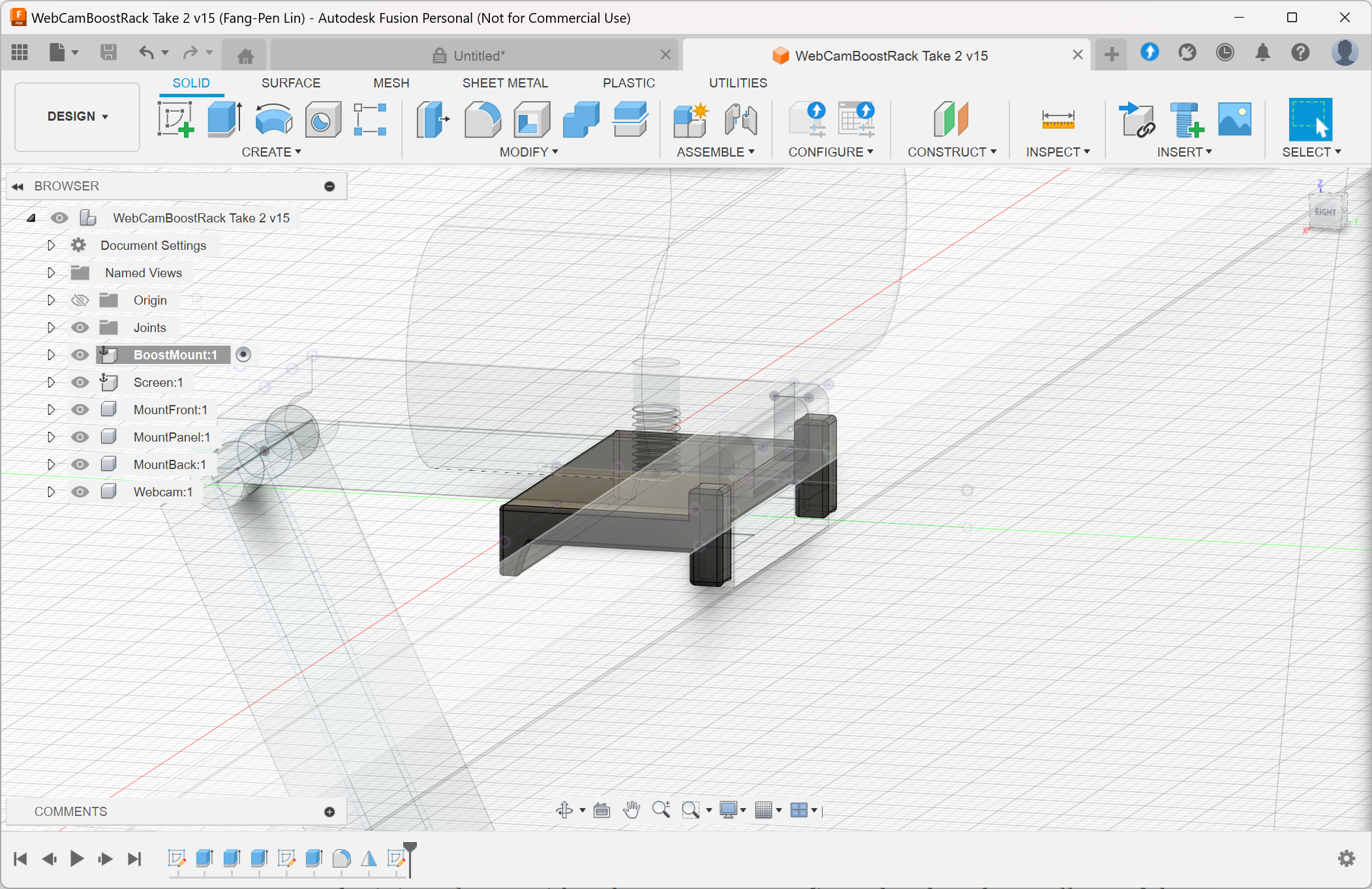 Fusion 360 screenshot showing webcam raiser model