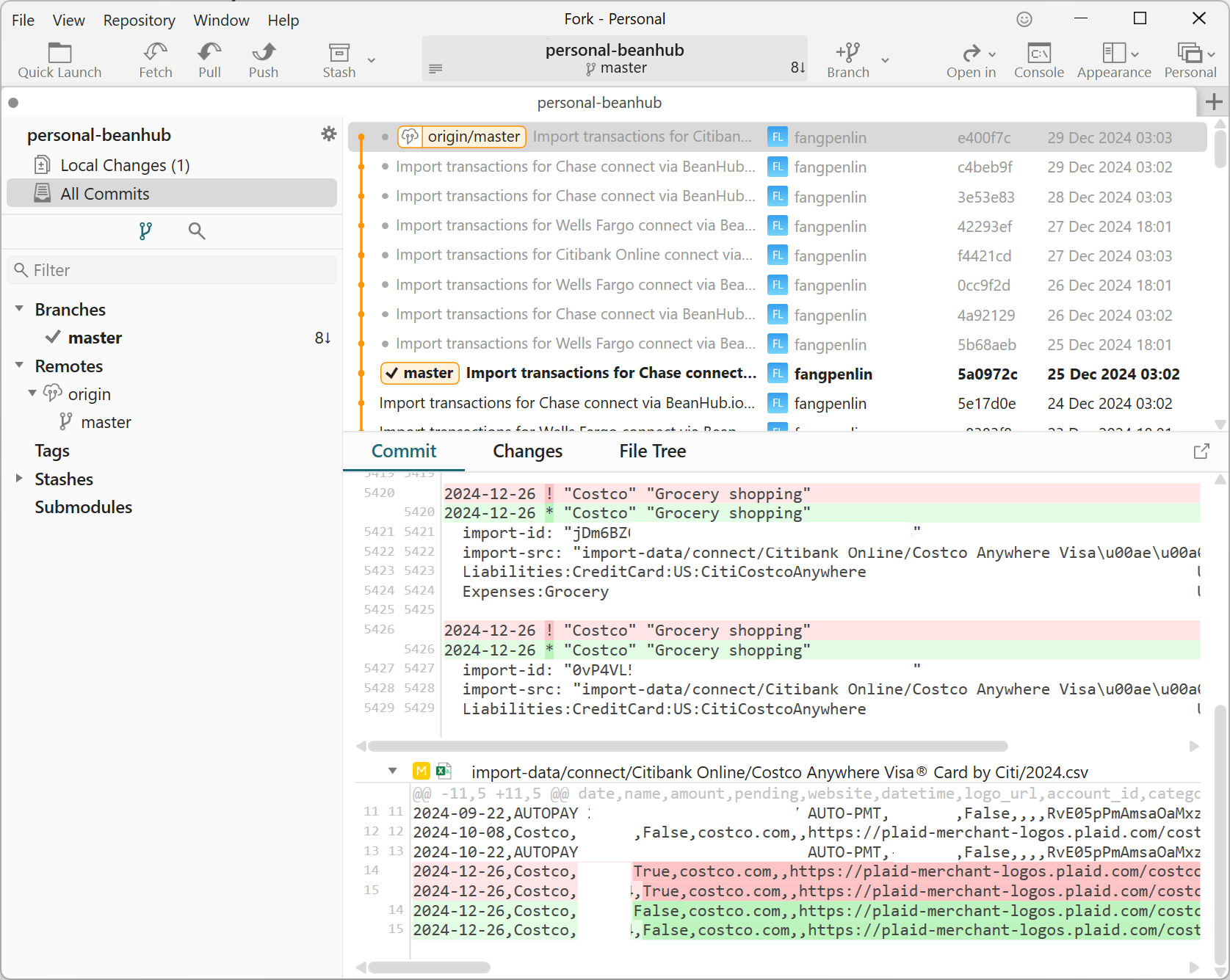 Screenshot of Git history and difference showing Beancount and bank transaction CSV files changes