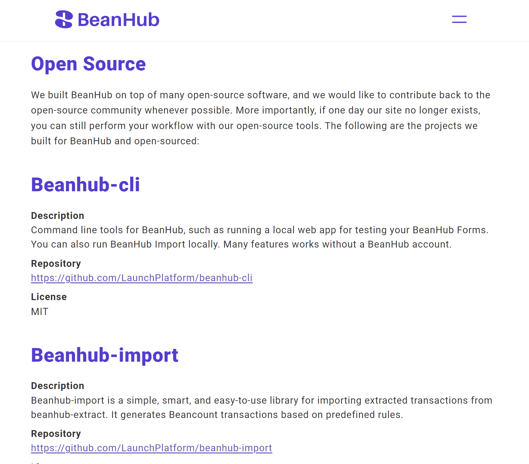 Screenshot of BeanHub open source list