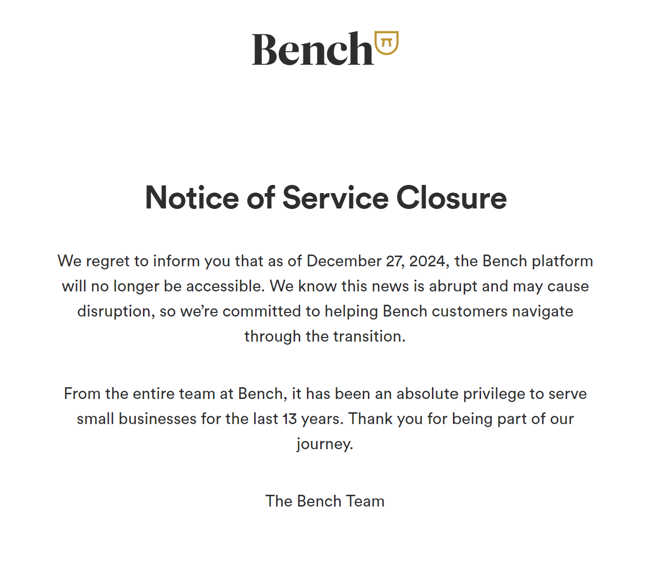 Shutdown notice of Bench accounting software