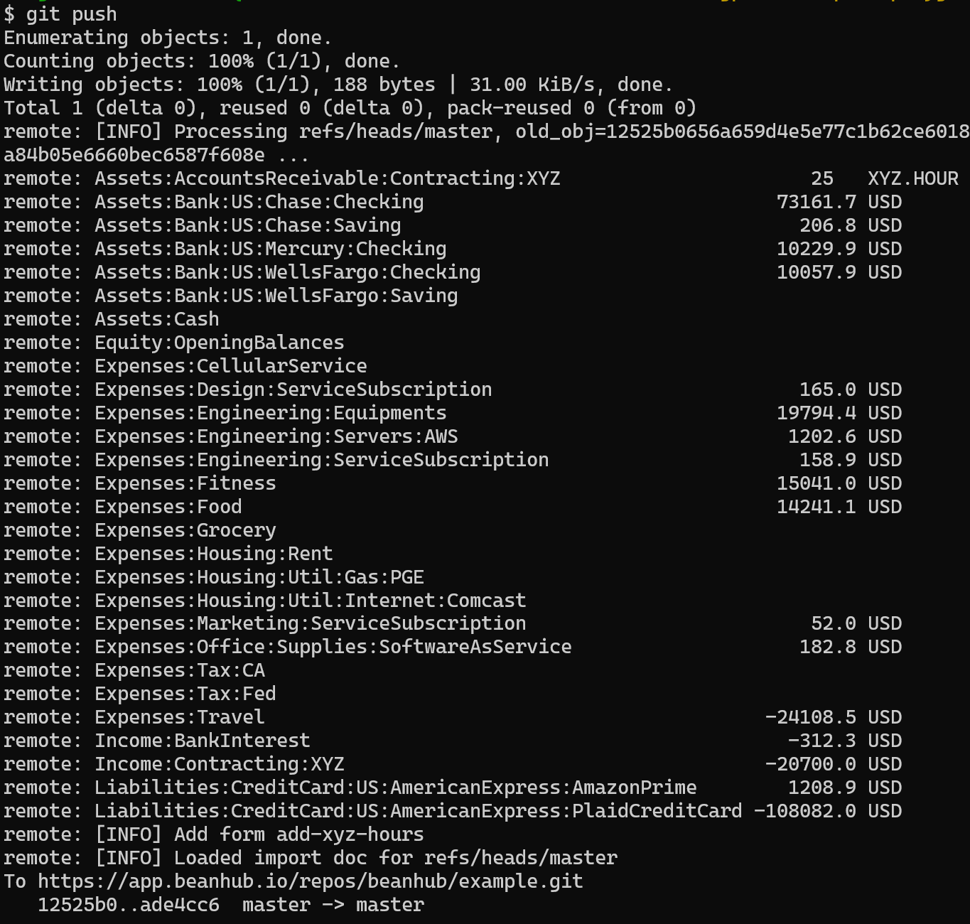 Screenshot of BeanHub repository git push console output showing the Beancount balance