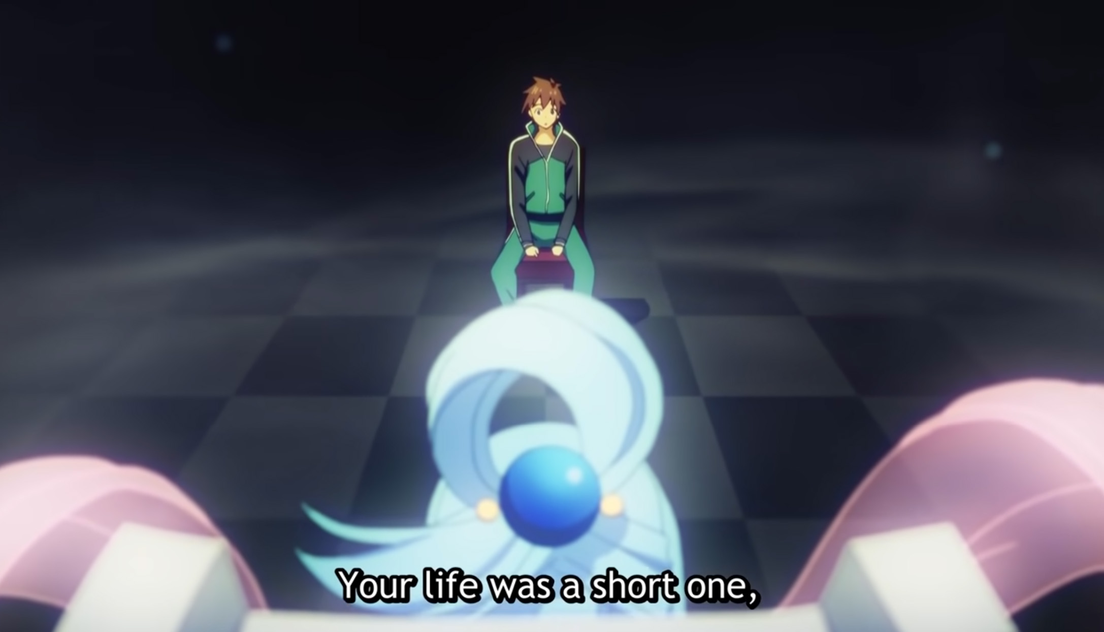 Screenshot from the KonoSuba TV anime show featuring the Goddess Aqua telling Kazuma, "Your life was a short one" after his death.