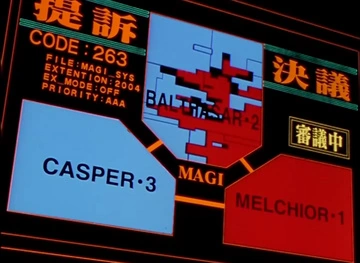 Screenshot from the Neon Genesis Evangelion TV anime show featuring the MAGI AI system. It shows three virtual personalities debating while the system is being hacked.