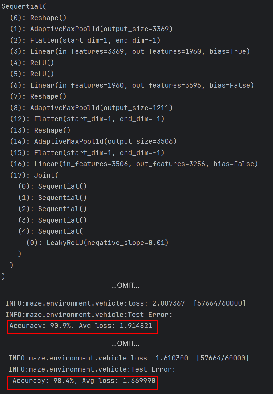 The screenshot of the maze program output log shows a very random-looking neuron network model that reaches 90.9% accuracy after the first epoch and reaches 98.4% accuracy eventually.