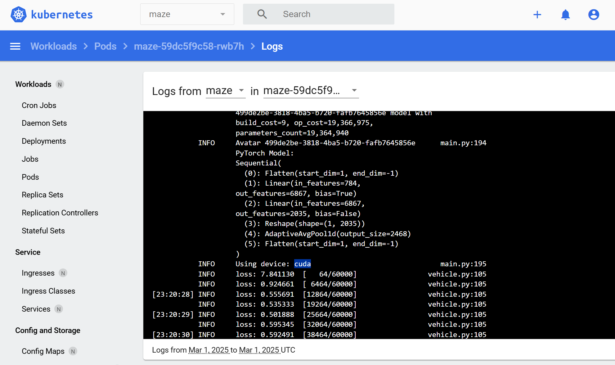 Screenshot of the Kubernetes dashboard shows the logs of a MAZE pod  running an experiment on a CUDA device