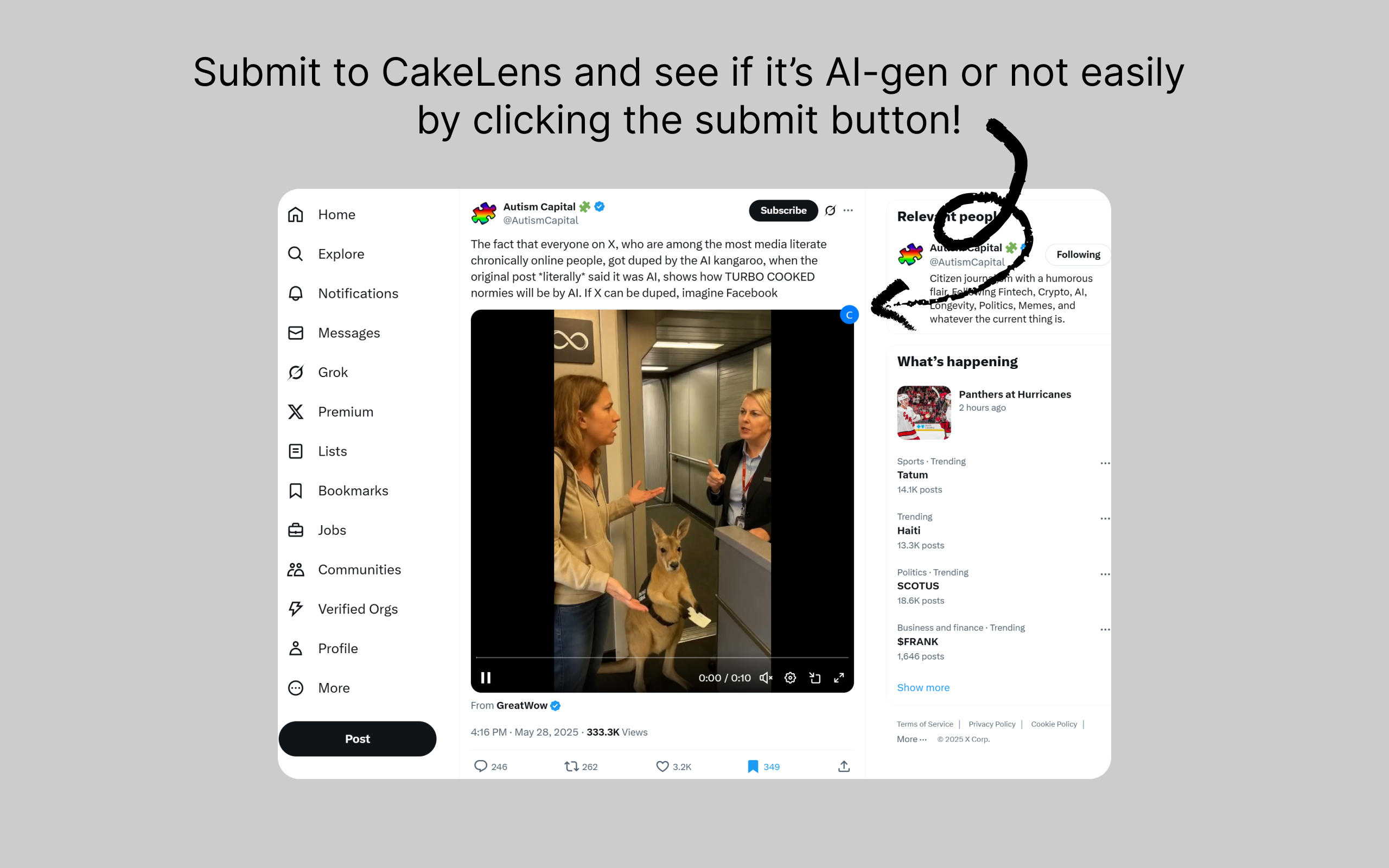 Screenshot of X.com showing the CakeLens button on the upper-right corner when hovering on a video