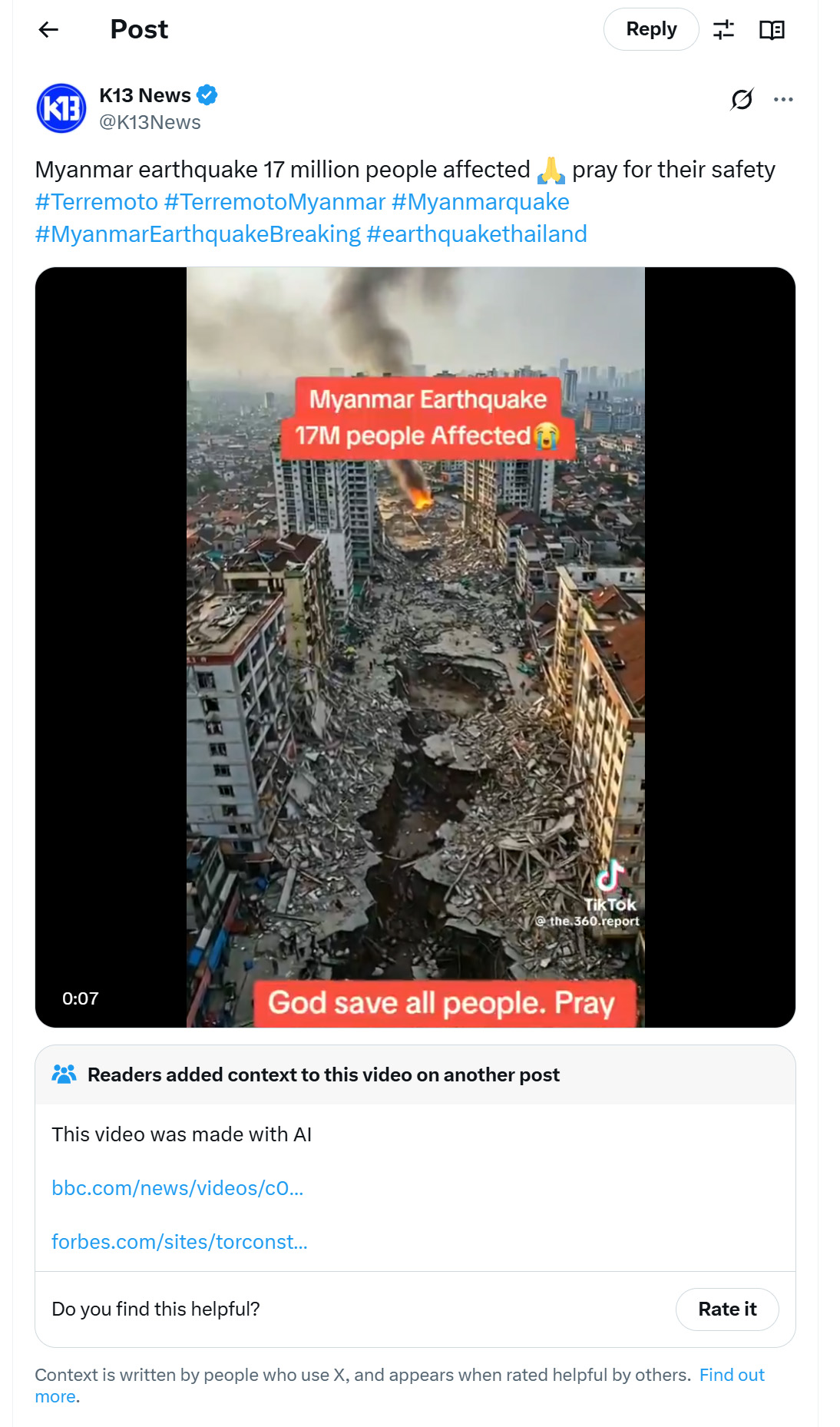 X post video showing Myanmar earthquake turns out to be likely AI-gen