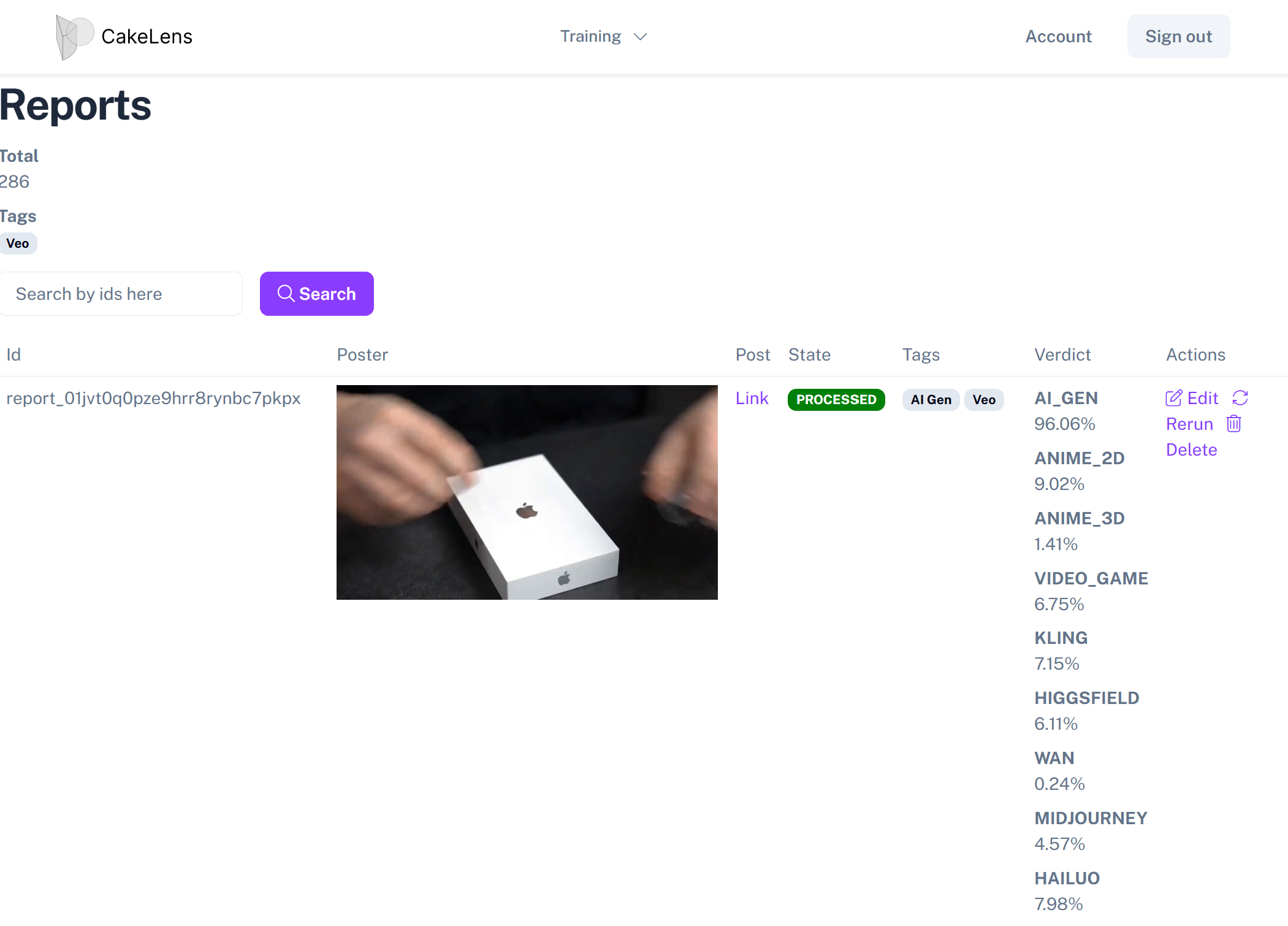Screenshot internal CakeLens tool webpage for viewing, labeling and editing submissions