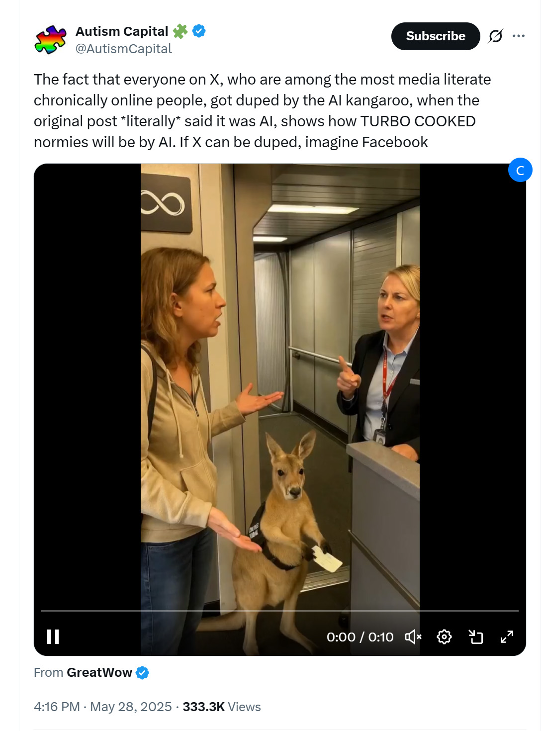 AI-generated video featuring a kangaroo denied boarding on a flight as an emotional support animal, posted by @gdb on X