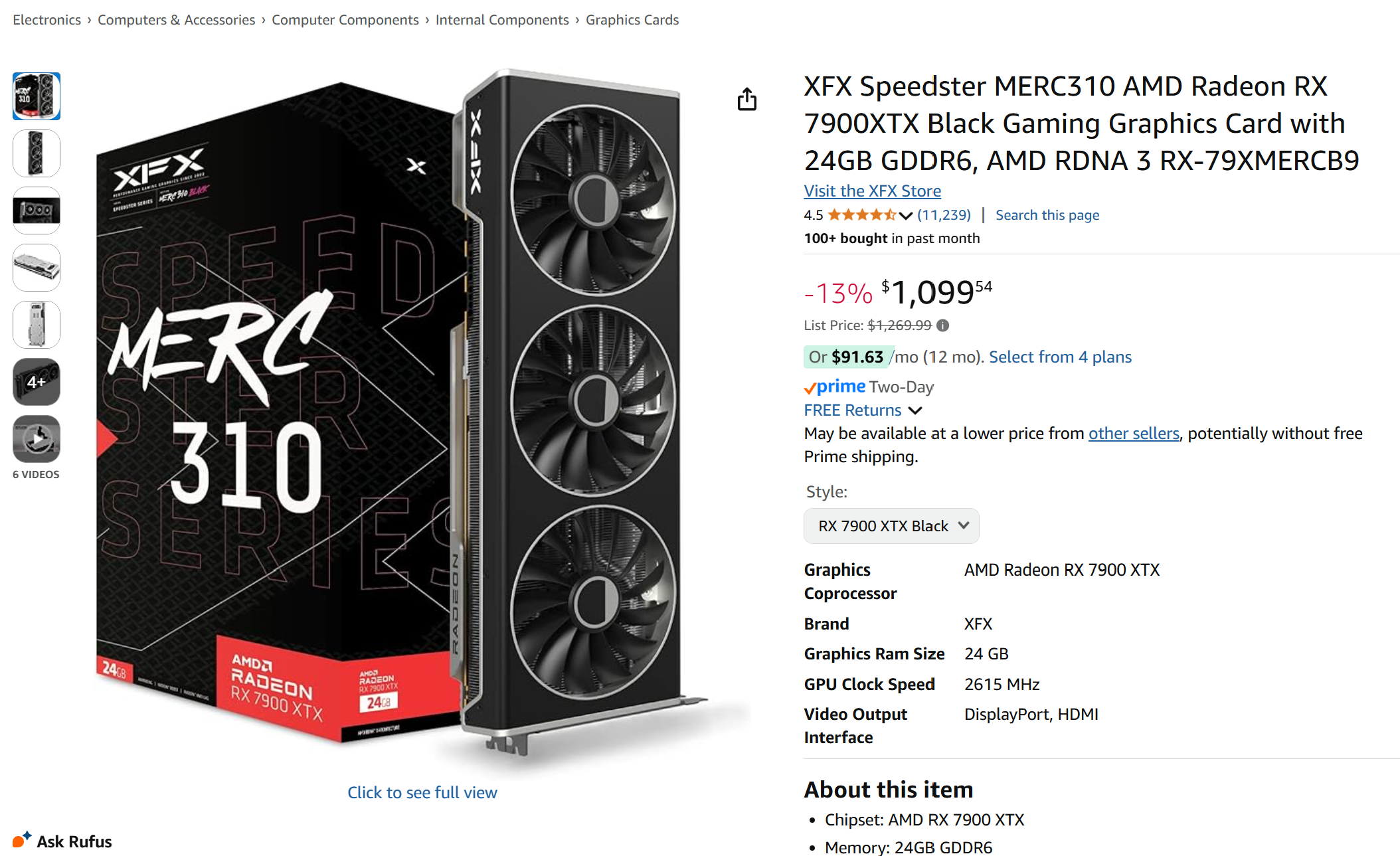 Screenshot of Amazon product page, featuring XFX AMD Radeon RX 7900XTX GPU selling at $1,099.54