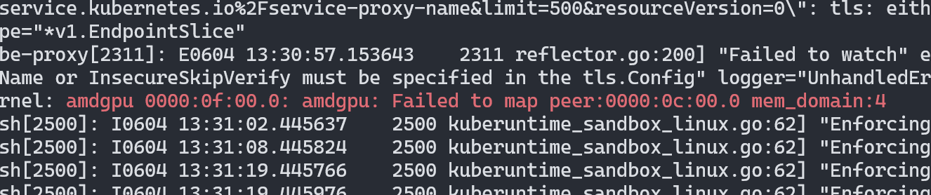 Screenshot from Linux kernel message showing Failed to map peer:0000:0c:00.0 mem_domain:4 error