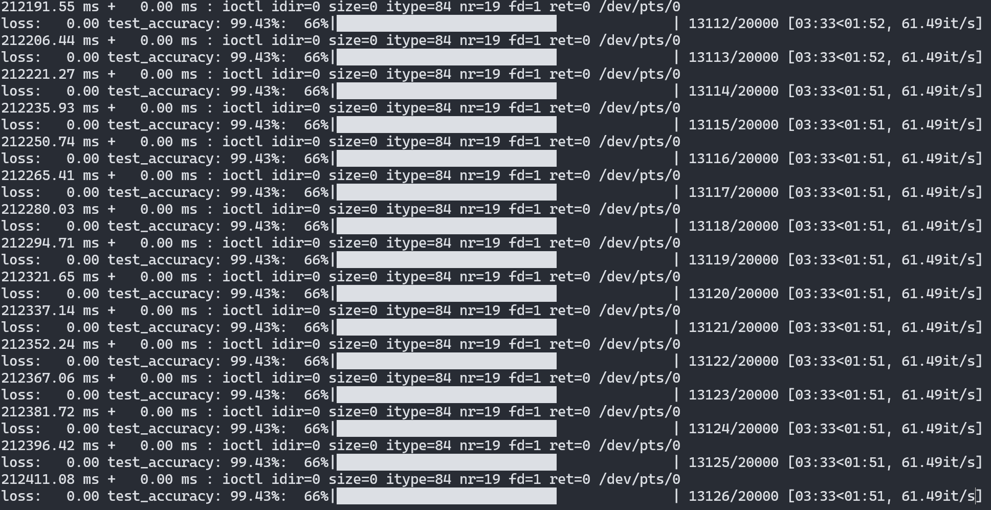 Screenshot of output from Tinygrad's multi-GPU MNIST example on two AMD GPUs running at 61 iterations per second