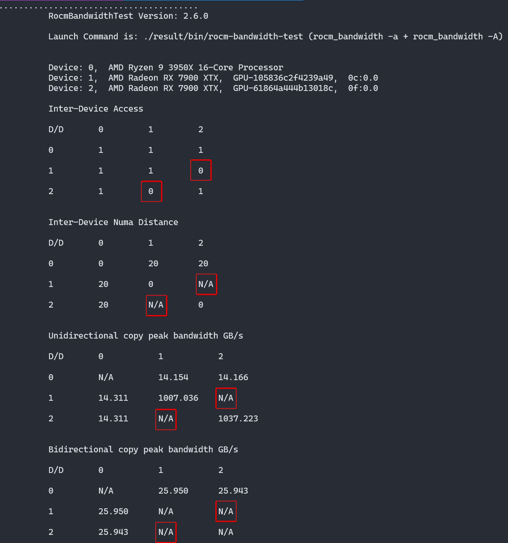 Screenshot of rocm-bandwidth-test's result, shows there's no direct connection between the two GPUs