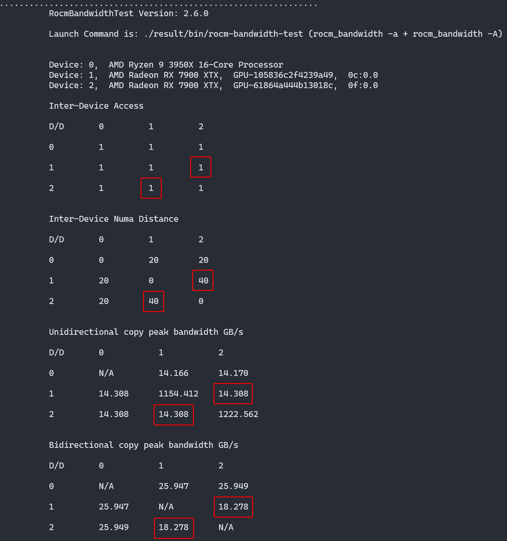 Screenshot of rocm-bandwidth-test's result, shows no direct connection between the two GPUs