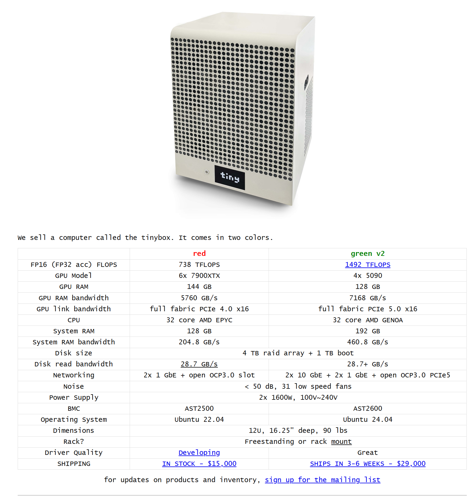 Screenshot of Tinybox, a pre-built machine learning work station by the tiny corp featuring AMD and Nvidia GPU options. The AMD option is selling at $15,000 USD