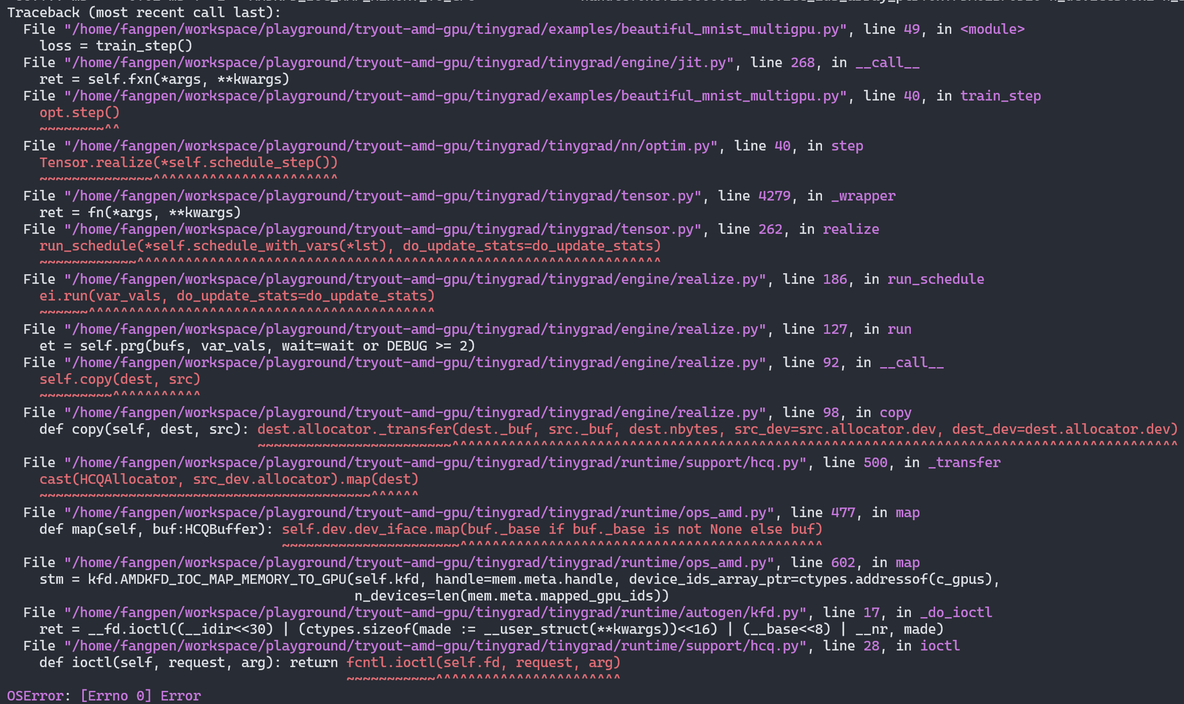 Screenshot of Python raising OSError from a fnctl.ioctl function call when running Tinygrad with the multi-GPUs MNIST example