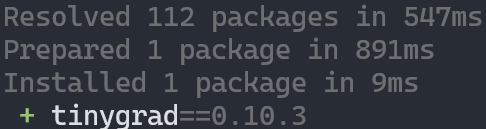 Screenshot of installing tinygrad with uv shows it only takes 9ms