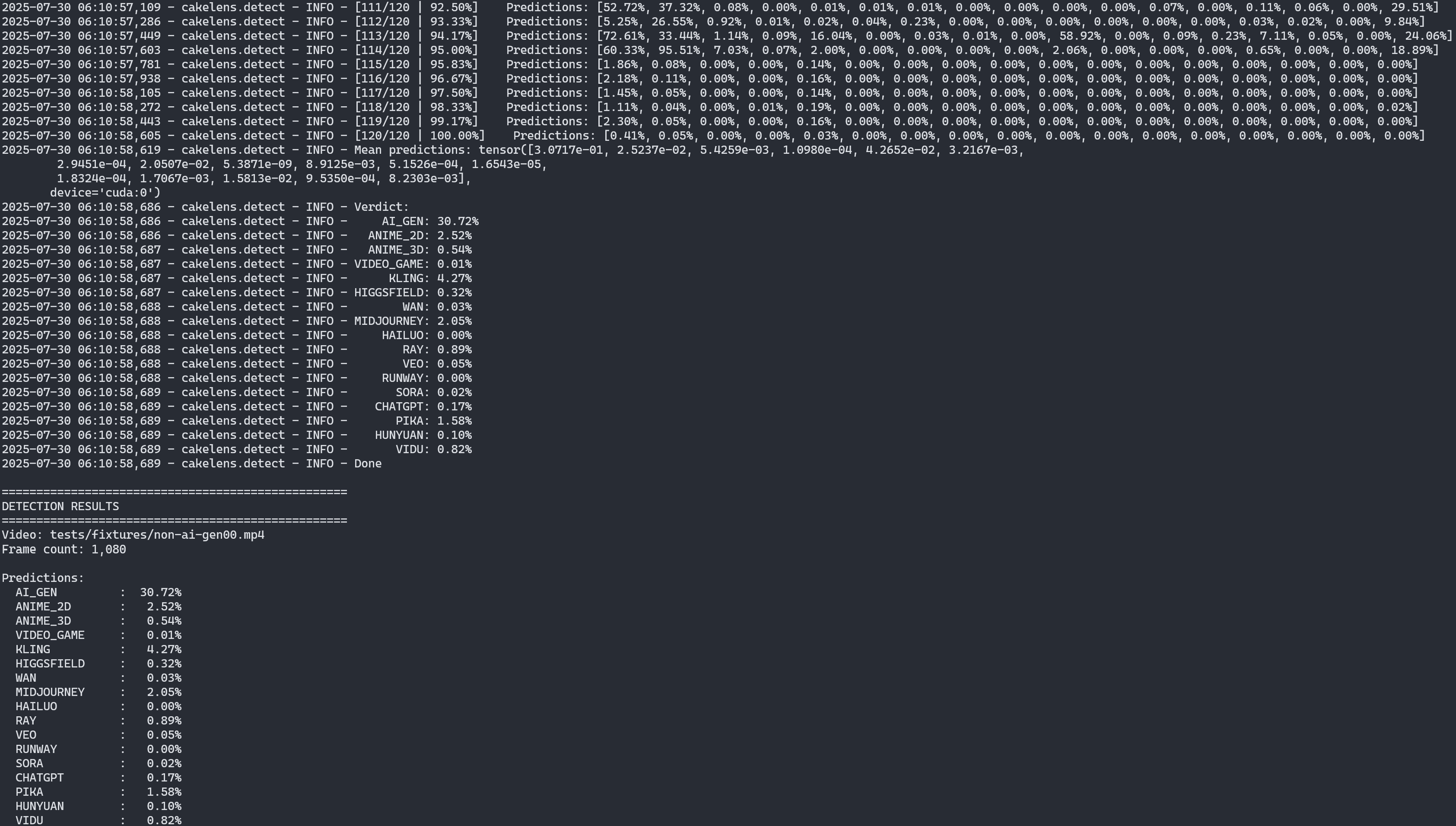 Output of uvx cakelens-v5 command-line tool