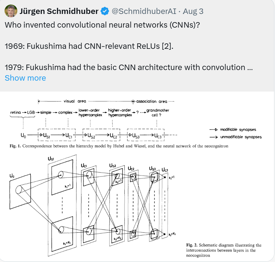 CNN history from a X post mentioning that the idea of CNN was introduced long ago by a Japanese researcher, but it only implemented and grains popularity later due to advancements in hardware and training techniques.