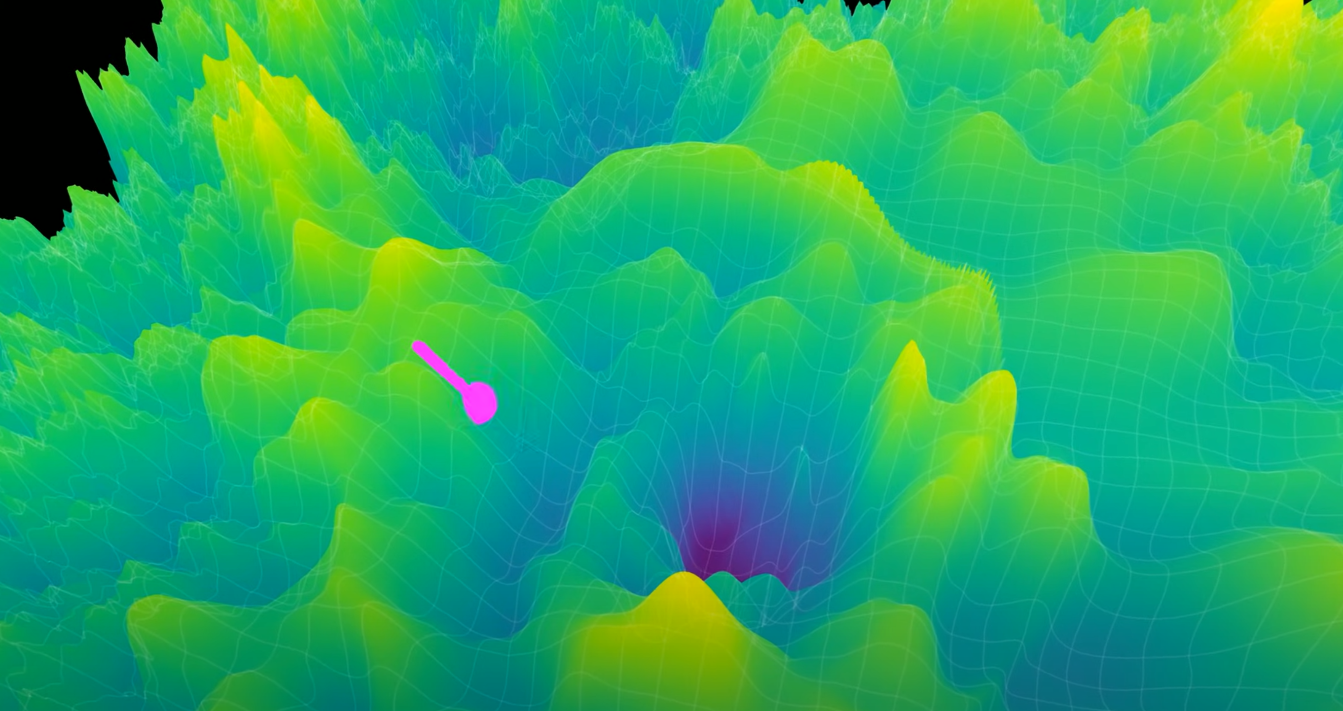 A screenshot of a video titled 'The Misconception that Almost Stopped AI,' explaining that the terrain changes when parameters are mutated.