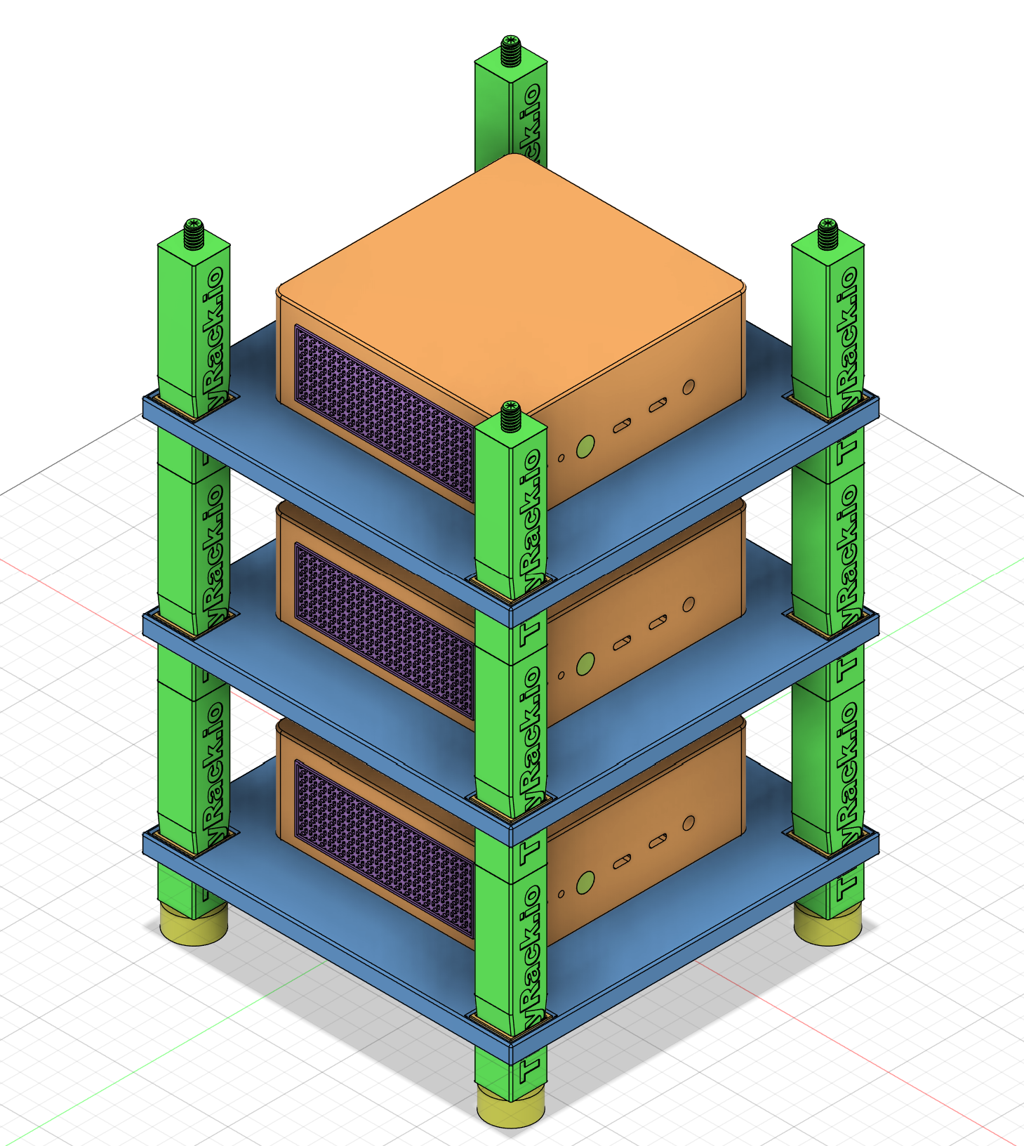 The whole assembly of the TinyRack posts in the CAD model