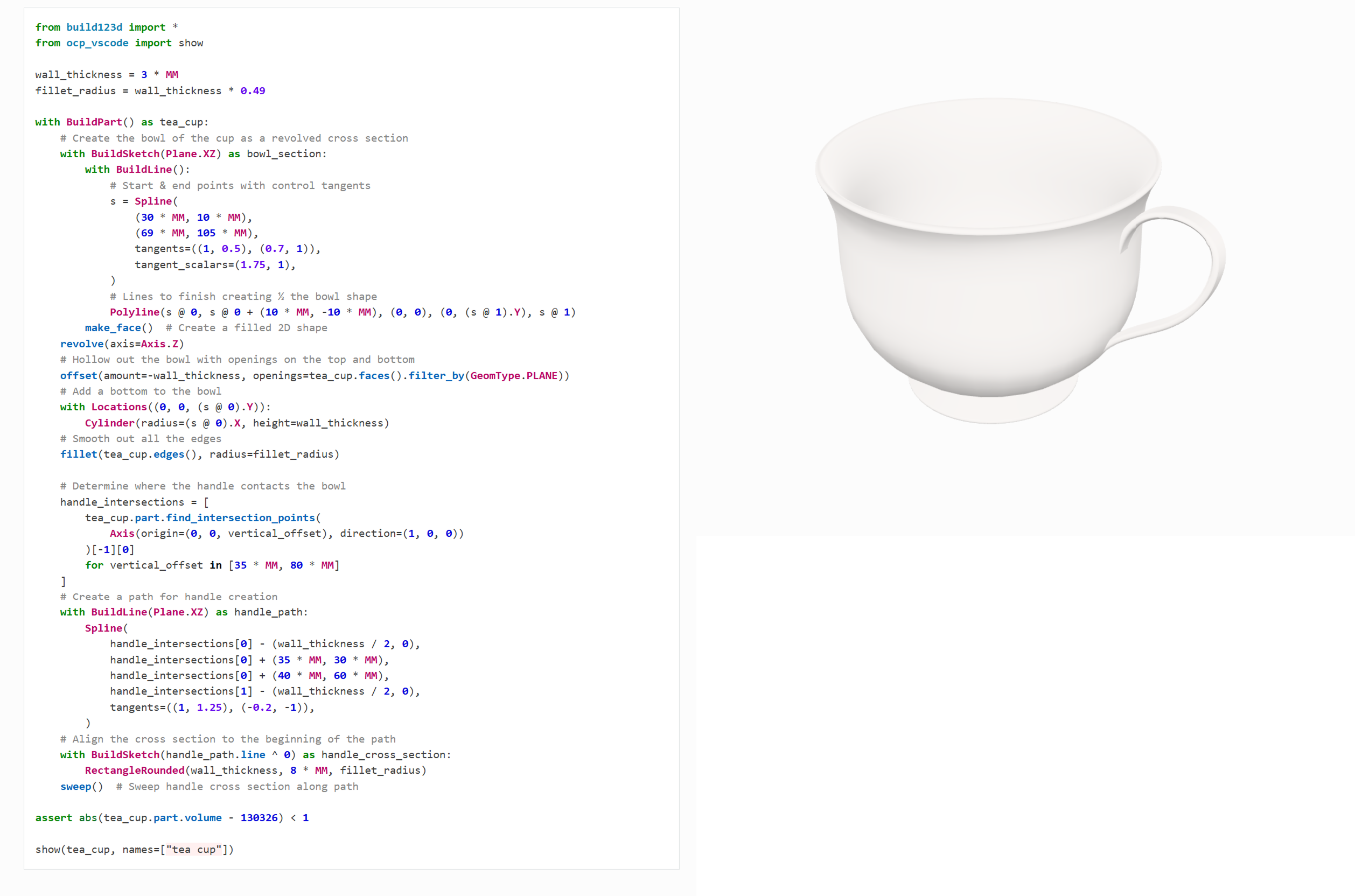 A screenshot the Build123D code for making a tea cup and the resulting 3D model