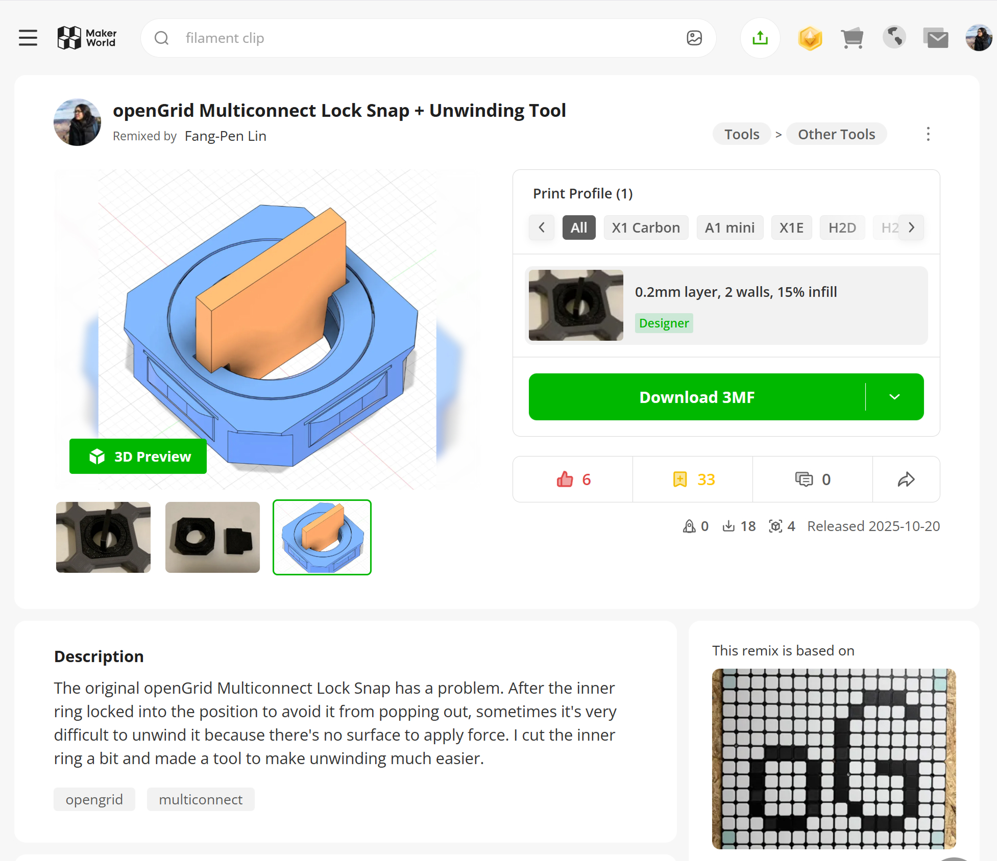 Screenshot of openGrid Multiconnect Lock Snap Unwinding Tool I made by remixing the original design