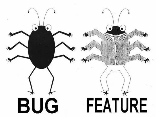 Meme about ambiguity between a bug and a feature.