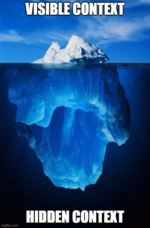 Iceberg diagram showing 'visible context' above the waterline and much larger 'hidden context' below.