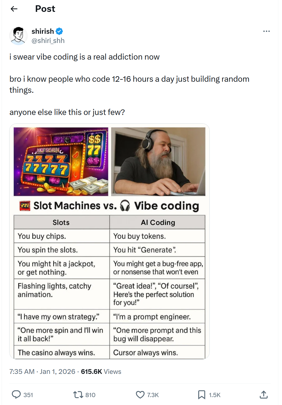A meme comparing vibe coding with LLMs to gambling/slot machines.